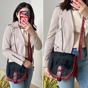 Joe's Jeans Red Leather Crossbody Saddlebag with Calf Hair Front Flap